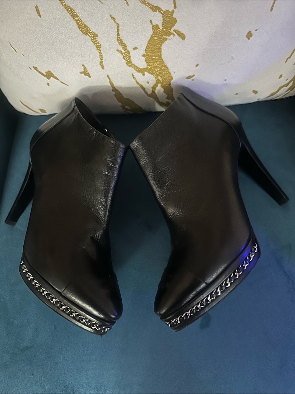 CHANEL Black Women's Leather High-Heel Ankle Booties with Chain Trim